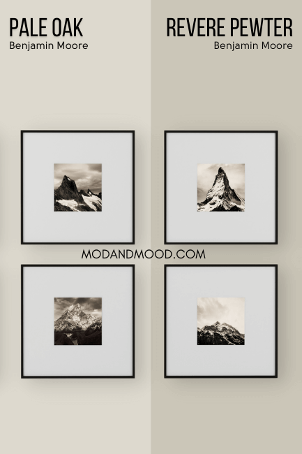 Benjamin Moore Revere Pewter on half of a wall and Pale Oak on the other half behind a gallery wall