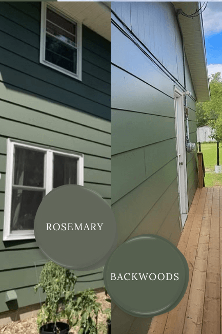 Sherwin Williams Rosemary on an exterior on half the photo and Backwoods by Benjamin moore on an exterior on the other side.