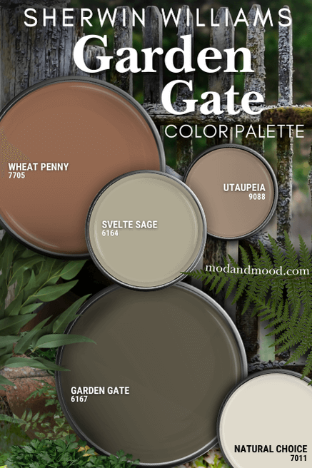 Sherwin Williams Garden Gate in a color palette with coordinating colors Wheat Penny, Svelte Sage, Utaupeia, and Natural Choice.