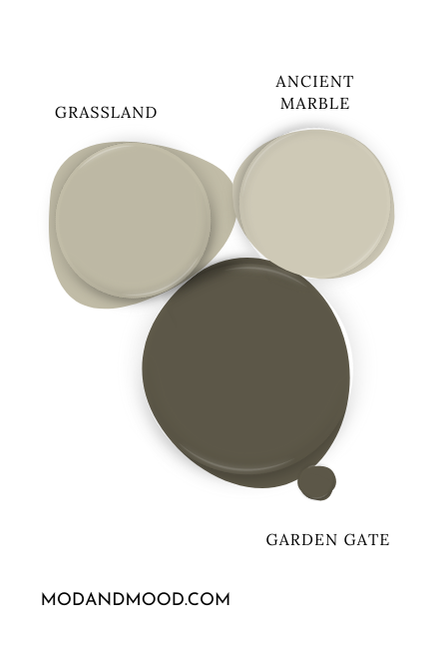Sherwin Williams Garden Gate swatched with coordinating colors Grassland and Ancient Marble from the same color strip.