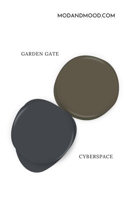 Sherwin Williams Garden Gate swatched as a paint dot beside coordinating color Cyberspace.