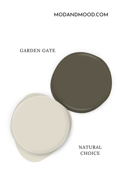 Sherwin Williams Garden Gate swatched as a paint dot beside coordinating color Natural Choice.