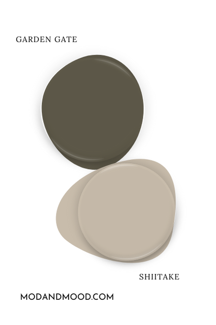 Sherwin Williams Garden Gate swatched as a paint dot beside coordinating color Shiitake.