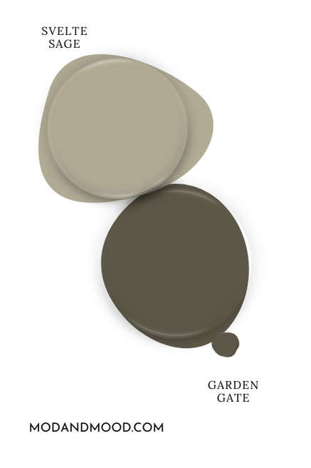 Sherwin Williams Garden Gate swatched as a paint dot beside coordinating color Svelte Sage.