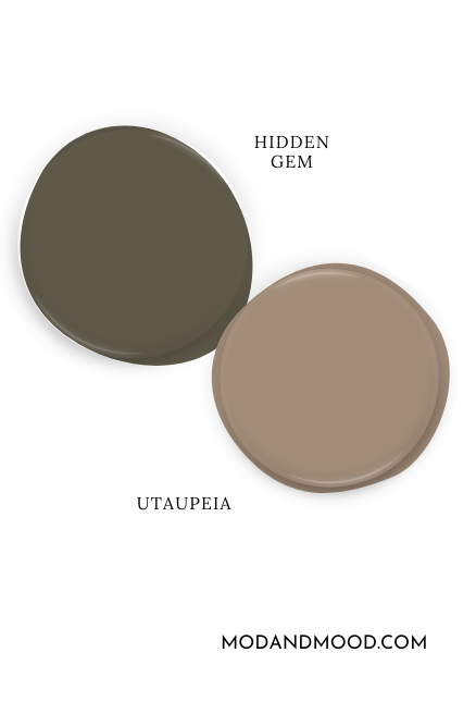 Sherwin Williams Garden Gate swatched as a paint dot beside coordinating color Utaupeia.