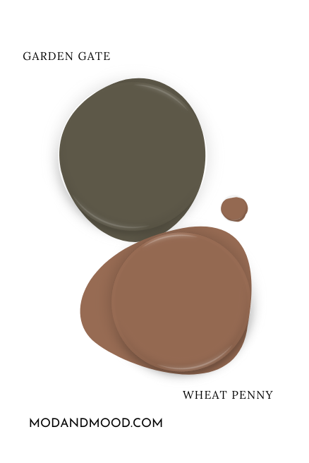Sherwin Williams Garden Gate swatched as a paint dot beside coordinating color Wheat Penny.