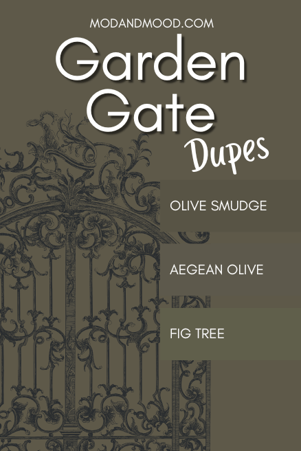 Dupes for Garden Gate swatched over the color on a background. Colors are Olive Smudge, Aegean Olive, and Fig Tree.