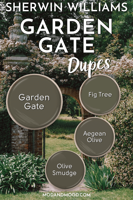 Garden Gate dupes features swatches of Garden Gate, Fig Tree, Aegean Olive, and Olive Smudge, over a background of a gate in a beautiful garden.