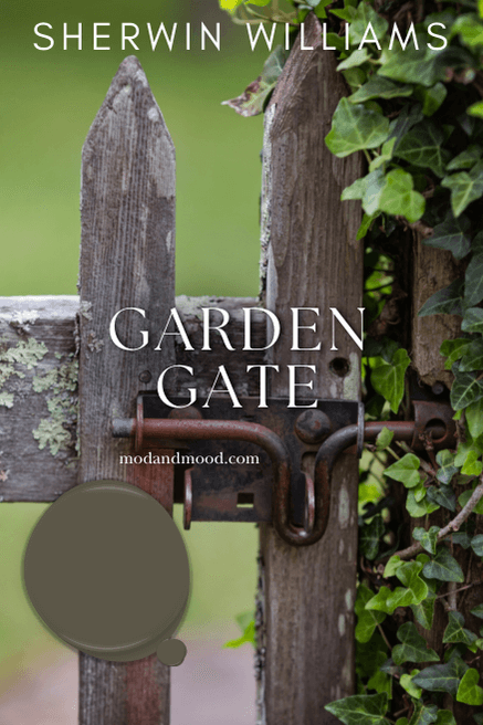 Sherwin Williams Garden Gate swatched over a photo of a wooden gate with trailing vines down the right side.