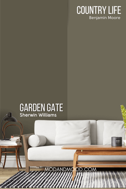 Sherwin Williams Garden Gate on half of a wall and Country Life on the other side behind a white sofa.