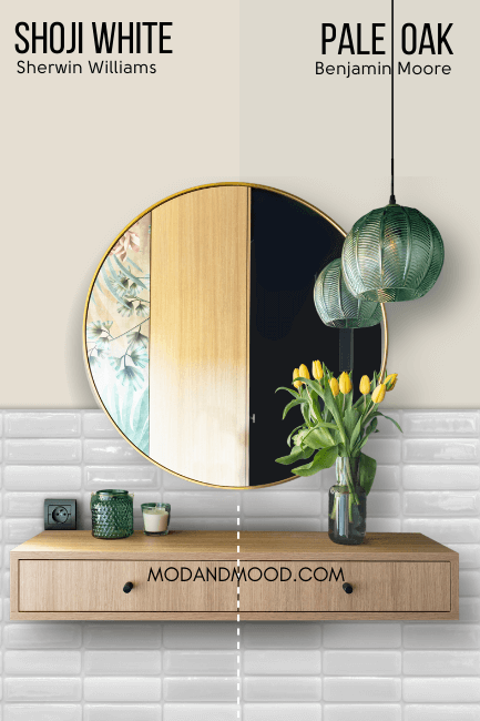 Sherwin Williams Shoji White on half of a wall and Pale Oak on the other half behind a round mirror and wood vanity.