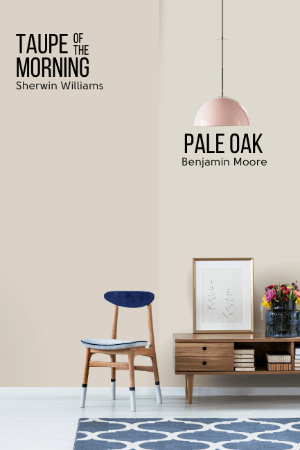 Sherwin Williams Taupe of the Morning on one half of a living room wall and Benjamin Moore Pale Oak on the other half behind a wood console table and a small wood chair with a blue seat and back cushion.