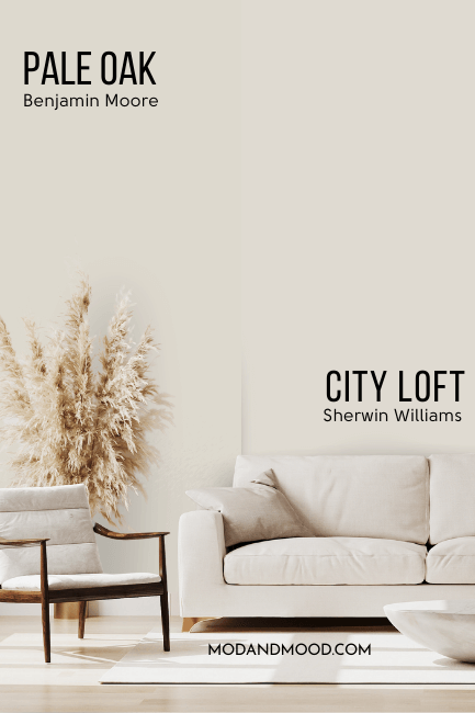 Sherwin Williams version of Pale Oak, City Loft, alongside Pale Oak on a wall behind an oatmeal colored sofa.