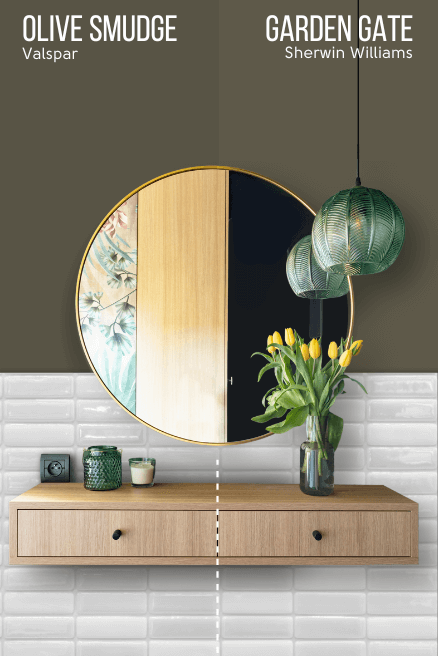 Sherwin Williams Garden Gate on half of a wall and Olive Smudge on the other side behind a floating vanity and round mirror.