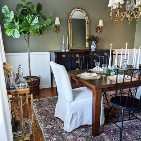Sherwin Williams Connected Gray on walls in a dining room where it looks like Garden Gate.
