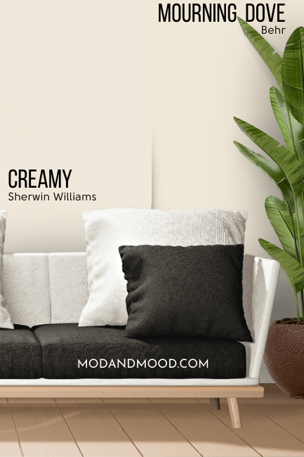 Sherwin Williams Creamy on half of a wall and dupe Behr Mourning Dove on the other half with a white and black sofa in front.