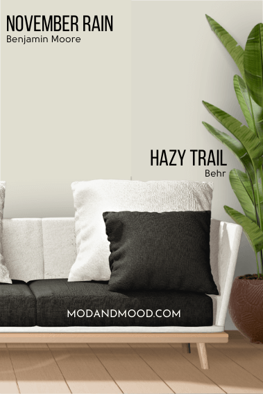 Benjamin Moore November Rain on half of a wall and Halo on the other half behind a white and black sofa.