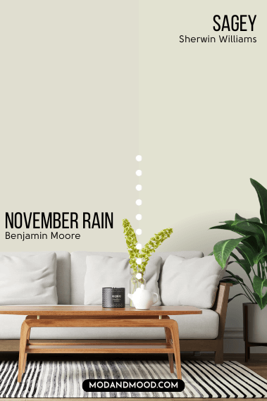 Benjamin Moore November Rain on half of a wall and Sherwin Williams version Sagey on the other half behind a white sofa.