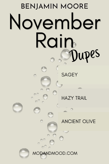 Dupes for Benjamin Moore November Rain: Ancient Olive, Hazy Trail, and Sagey, all swatched down the side of a graphic with November Rain as the background and rain drops in between the background and swatches for contrast.