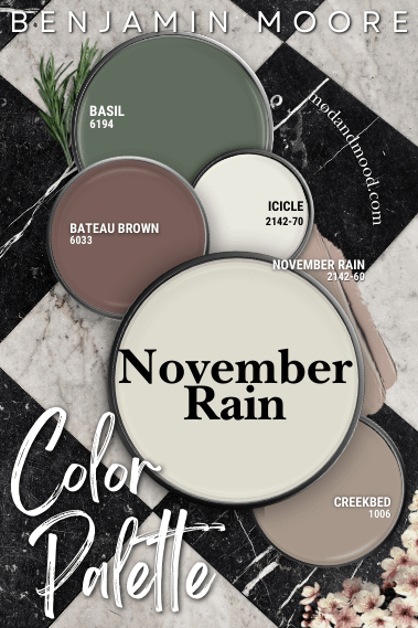 Coordinating color palette for November Rain features the color itself alongside Bateau Brown, Basil, Icicle, and Creekbed over a black and white floor.