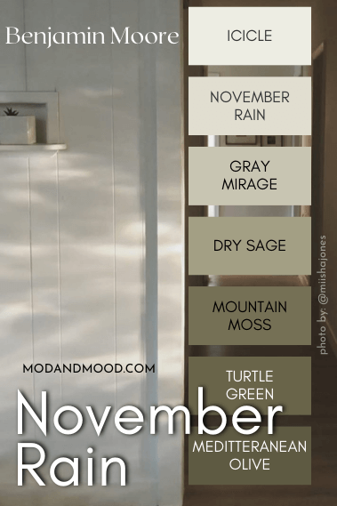 November Rain color strip features colors from light to dark: Icicle, November Rain, Gray Mirage, Dry Sage, Mountain Moss, Turtle Green, and Mediterranean Olive over a photo of November Rain on a wall