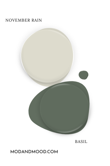 Swatch of Benjamin Moore November Rain alongside coordinating color Sherwin Williams Basil.