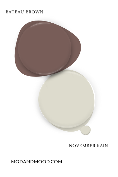 Swatch of Benjamin Moore November Rain alongside coordinating color sherwin williams bateau brown.