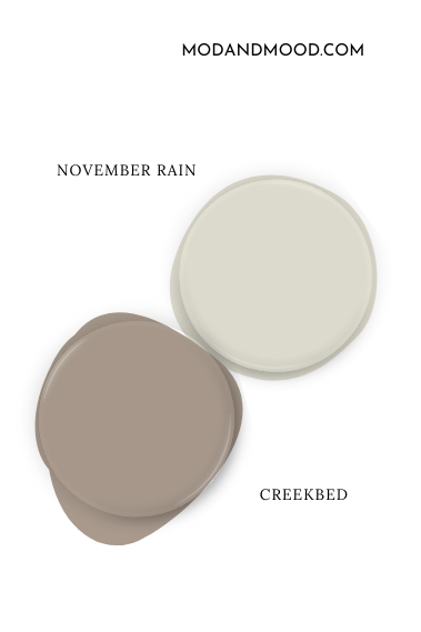 Swatch of Benjamin Moore November Rain alongside coordinating color Creekbed