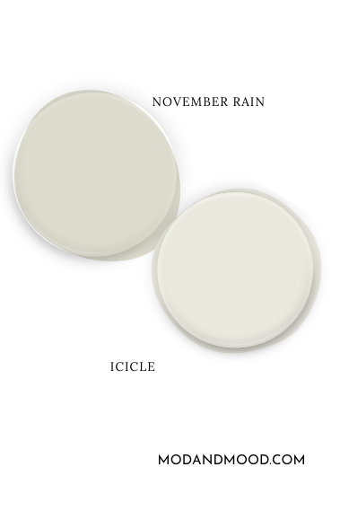 Swatch of Benjamin Moore November Rain alongside coordinating color Icicle