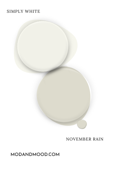 Swatch of Benjamin Moore November Rain alongside coordinating color Simply White