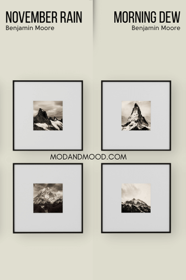 Benjamin Moore November Rain on half of a wall and Morning Dew on the other half behind a black and white gallery wall.