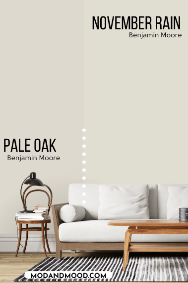 Benjamin Moore November Rain on half of a wall and pale Oak on the other half behind a light sofa and wood coffee table.
