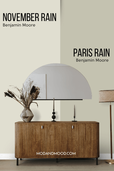 Benjamin Moore November Rain on half of a wall and Halo on the other half behind a wood hallway table and half moon mirror.