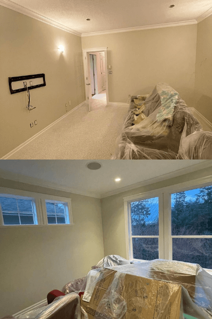 Benjamin Moore November Rain in a low light den and in a dining room in the evening.