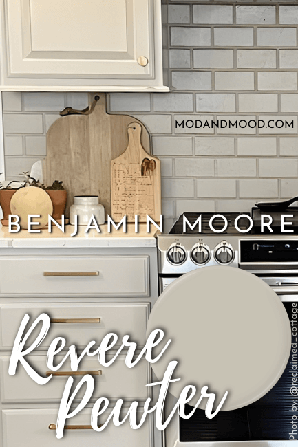 Benjamin Moore revere pewter swatched over a photo of the color on kitchen cabinets.