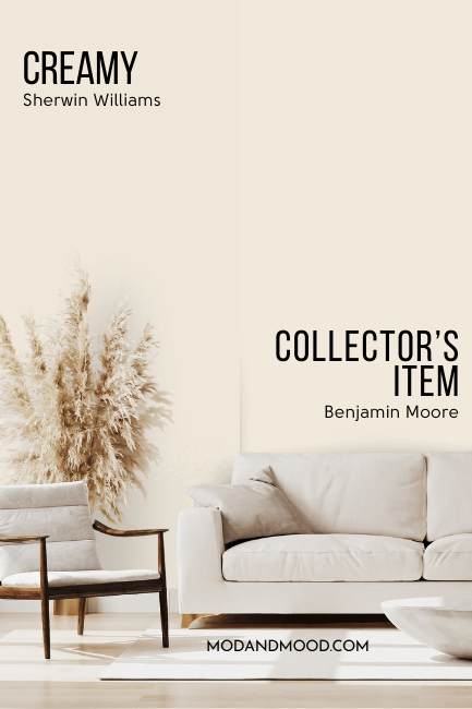 Sherwin Williams Creamy on half of a wall and dupe Benjamin Moore Collector's Item on the other half behind a beige sofa.