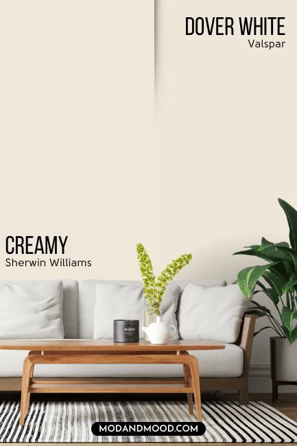Sherwin Williams Creamy on half of a wall and dupe Valspar Dover White on the other half behind a white sofa.