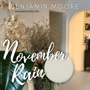 Swatch of November Rain over a photo of the color in a living room