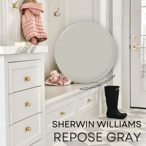 Swatch of Repose Gray over a background of the color on cabinets in a boot room.