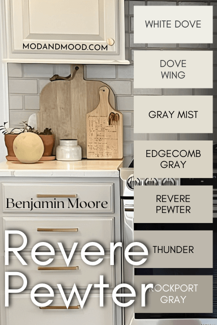 Benjamin Moore Revere Pewter color strip features colors from light to dark: White Dove, Dove Wing, Gray Mist, Edgecomb Gray, Revere Pewter, Thunder, and Rockport Gray. Background photo is Revere Pewter on kitchen cabinets.