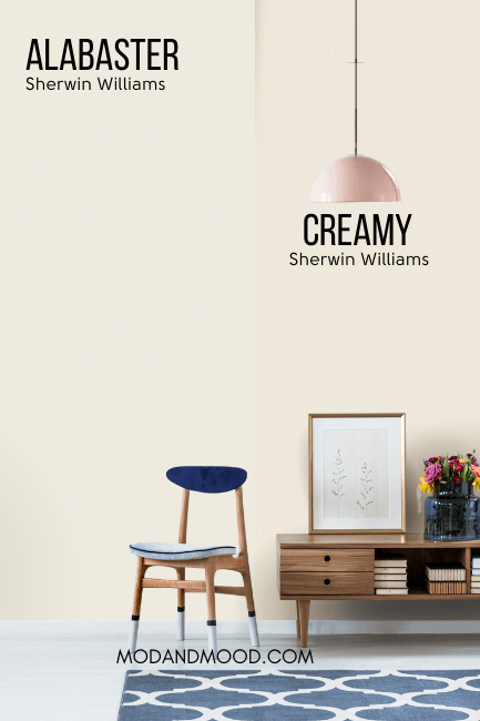 Sherwin Williams Creamy on half of a wall compared to Alabaster on the other half behind a wood hall table and wood chair.