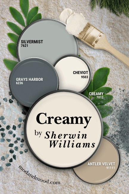 Sherwin Williams Creamy in a color palette with coordinating colors Silvermist, Grays Harbor, Cheviot, and Antler Velvet, over a background of leaves, crushed crystals, and stone.