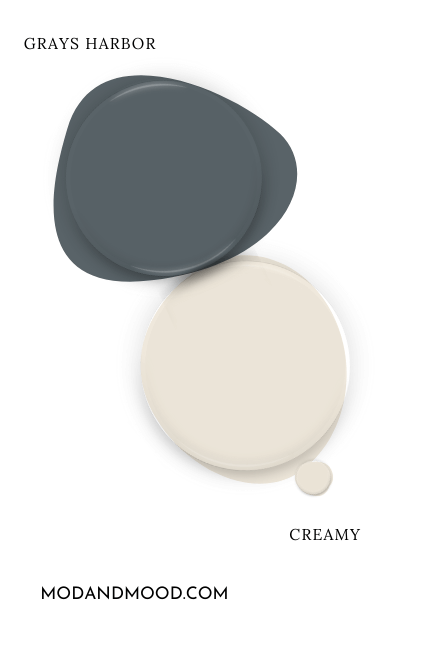 Paint dot swatch of Sherwin Williams Creamy beside the same of Sherwin Williams Grays Harbor.
