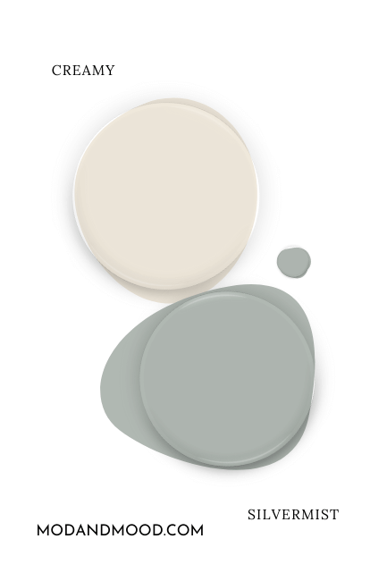 Paint dot swatch of Sherwin Williams Creamy beside the same of Sherwin Williams Silvermist.