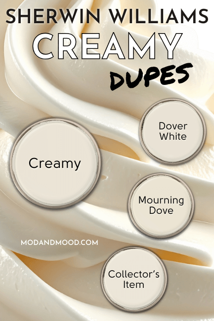 Swatches of Sherwin Williams Creamy and dupes Dover White, Mourning Dove, and Collector's Item, over a background of fluffy whipped cream.