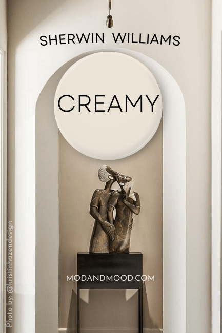 Sherwin Williams Creamy swatched over a photo of the color in a dramatic arched hallway in the same color.