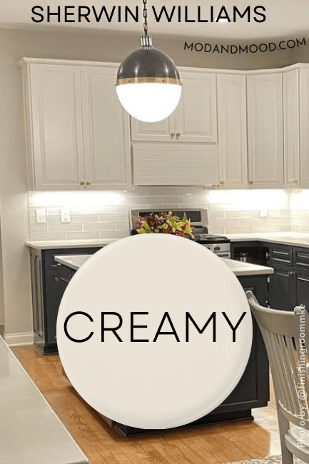 Sherwin Williams Creamy on upper kitchen cabinets and Sherwin williams Cyberspace on lowers.