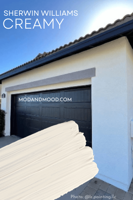 Sherwin Williams Creamy swatched over a photo of the color on a stucco exterior.