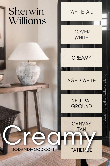Color strip for Sherwin Williams Creamy features other white and off whites. Colors from top to bottom are Whitetail, Dover White, Creamy, Aged White, Neutral Ground, Canvas Tan, and Patience.