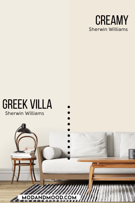Sherwin Williams Creamy on half of a wall compared to Greek Villa on the other half behind a white sofa.
